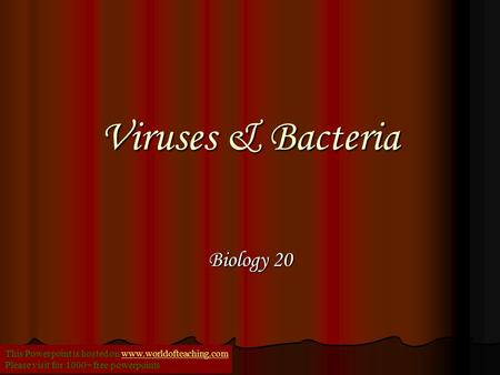 Viruses & Bacteria Biology 20 This Powerpoint is hosted on www.worldofteaching.comwww.worldofteaching.com Please visit for 1000+ free powerpoints.