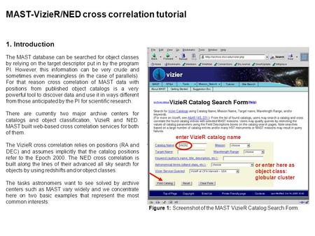 MAST-VizieR/NED cross correlation tutorial 1. Introduction Figure 1: Screenshot of the MAST VizieR Catalog Search Form. or enter here as object class: