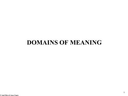 1 © Amit Mitra & Amar Gupta DOMAINS OF MEANING. 2 © Amit Mitra & Amar Gupta Parameter/ Feature Directional?SubtypesValid in (Space) AssociationYPatterns.