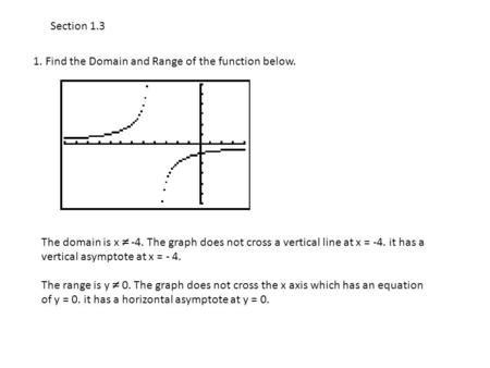 Section 1.3 1. Find the Domain and Range of the function below. The domain is x  -4. The graph does not cross a vertical line at x = -4. it has a vertical.