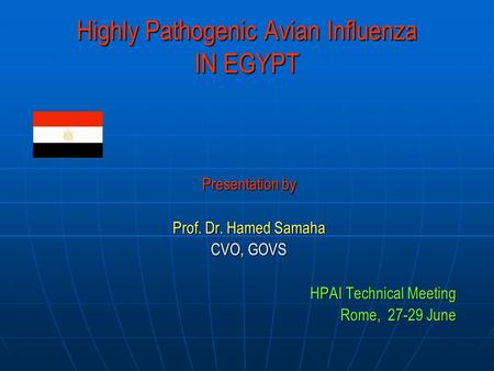 Highly Pathogenic Avian Influenza IN EGYPT Presentation by Prof. Dr. Hamed Samaha CVO, GOVS HPAI Technical Meeting Rome, 27-29 June.