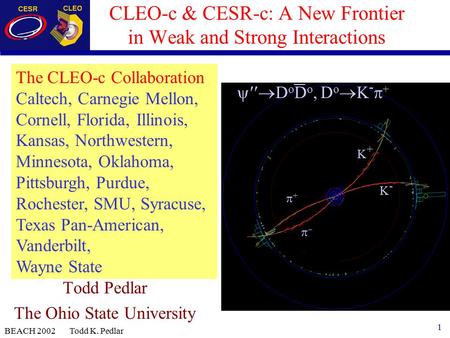 1 BEACH 2002 Todd K. Pedlar CLEO-c & CESR-c: A New Frontier in Weak and Strong Interactions Todd Pedlar The Ohio State University  D o D o, D o  K.