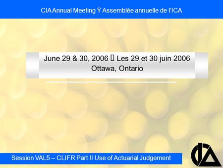 Session VAL5 – CLIFR Part II Use of Actuarial Judgement CIA Annual Meeting Ÿ Assemblée annuelle de l’ICA June 29 & 30, 2006  Les 29 et 30 juin 2006 Ottawa,