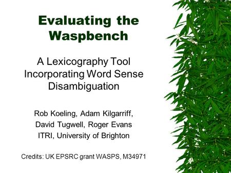 Evaluating the Waspbench A Lexicography Tool Incorporating Word Sense Disambiguation Rob Koeling, Adam Kilgarriff, David Tugwell, Roger Evans ITRI, University.