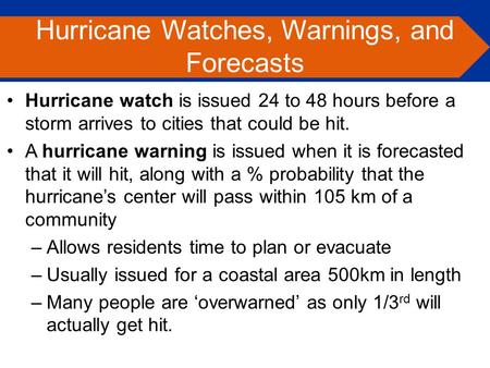 Hurricane watch is issued 24 to 48 hours before a storm arrives to cities that could be hit. A hurricane warning is issued when it is forecasted that it.