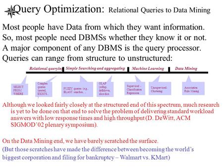 Query Optimization: Relational Queries to Data Mining Most people have Data from which they want information. So, most people need DBMSs whether they.