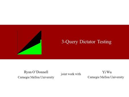 3-Query Dictator Testing Ryan O’Donnell Carnegie Mellon University joint work with Yi Wu TexPoint fonts used in EMF. Read the TexPoint manual before you.