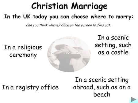 Christian Marriage In the UK today you can choose where to marry: In a religious ceremony In a registry office In a scenic setting abroad, such as on a.