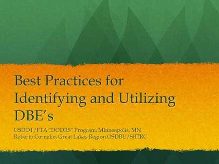 Best Practices for Identifying and Utilizing DBE’s USDOT/FTA “DOORS” Program, Minneapolis, MN Roberto Cornelio, Great Lakes Region OSDBU/SBTRC.