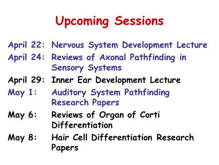 Upcoming Sessions April 22:Nervous System Development Lecture April 24:Reviews of Axonal Pathfinding in Sensory Systems April 29:Inner Ear Development.