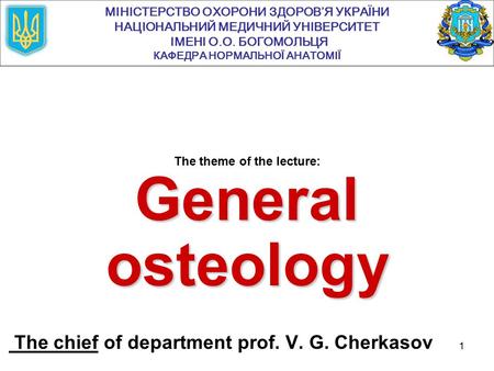 1 The theme of the lecture: General osteology The chief of department prof. V. G. Cherkasov МІНІСТЕРСТВО ОХОРОНИ ЗДОРОВ’Я УКРАЇНИ НАЦІОНАЛЬНИЙ МЕДИЧНИЙ.