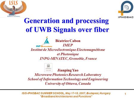 1 ISIS-IPHOBAC SUMMER SCHOOL, May 17-18, 2007, Budapest, Hungary Broadband Architectures and Functions Generation and processing of UWB Signals over.