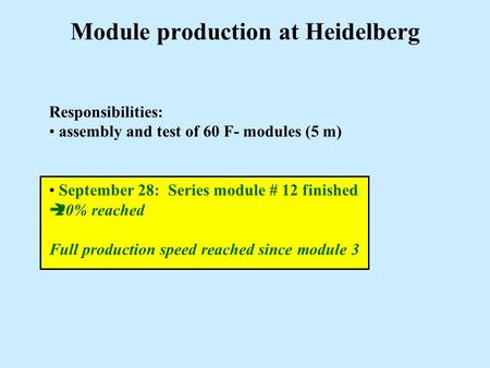 Module production at Heidelberg Responsibilities: assembly and test of 60 F- modules (5 m) September 28: Series module # 12 finished  20% reached Full.