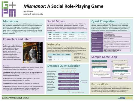 Mismanor: A Social Role-Playing Game April Grow soe.ucsc.edu Future Work Our first priority is to finalize our initial design and create a playable.