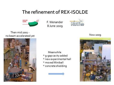 Then mid 2001 - no beam accelerated yet Now 2009 The refinement of REX-ISOLDE F. Wenander 8 June 2009 Meanwhile * 9-gap cavity added * new experimental.