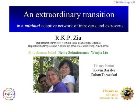 An extraordinary transition in a minimal adaptive network of introverts and extroverts R.K.P. Zia Department of Physics, Virginia Tech, Blacksburg, Virginia.