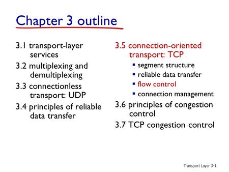 Transport Layer 3-1 Chapter 3 outline 3.1 transport-layer services 3.2 multiplexing and demultiplexing 3.3 connectionless transport: UDP 3.4 principles.