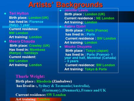Artists’ Backgrounds Teri Hylton Birth place: London (UK) has lived in: Florence (Italy)- 1 year Current residence: NW London Art training: London Meera.