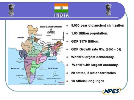 5,000 year old ancient civilization 5,000 year old ancient civilization 1.03 Billion population. 1.03 Billion population. GDP $576 Billion. GDP $576 Billion.