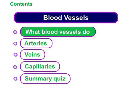 Contents Blood Vessels What blood vessels do Arteries Capillaries Summary quiz Veins.