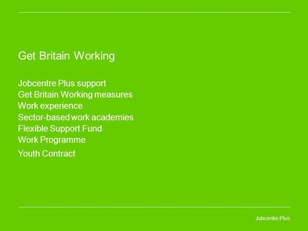 Jobcentre Plus Get Britain Working Jobcentre Plus support Get Britain Working measures Work experience Sector-based work academies Flexible Support Fund.