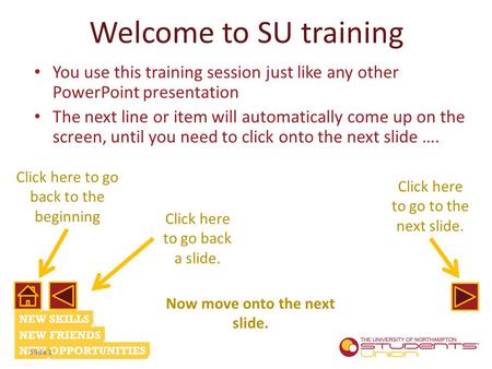 Click here to go back to the beginning Click here to go back a slide. Click here to go to the next slide. Now move onto the next slide. Welcome to SU training.