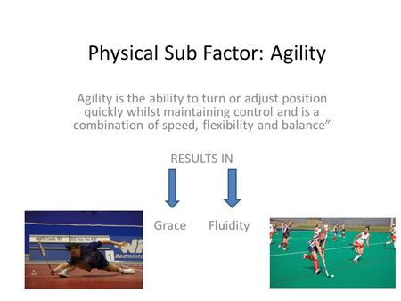Physical Sub Factor: Agility Agility is the ability to turn or adjust position quickly whilst maintaining control and is a combination of speed, flexibility.