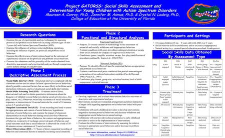 A Project GATORSS: Social Skills Assessment and Intervention for Young Children with Autism Spectrum Disorders Maureen A. Conroy, Ph.D., Jennifer M. Asmus,