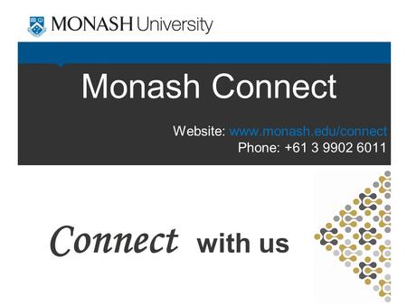 Monash Connect Connect with us Website: www.monash.edu/connect Phone: +61 3 9902 6011.