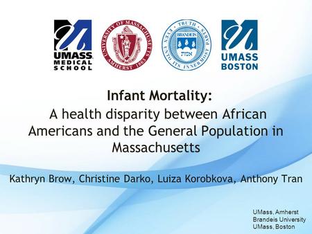Kathryn Brow, Christine Darko, Luiza Korobkova, Anthony Tran Infant Mortality: A health disparity between African Americans and the General Population.