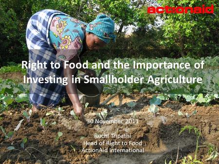 30 November 2011 Ruchi Tripathi Head of Right to Food ActionAid International Right to Food and the Importance of Investing in Smallholder Agriculture.