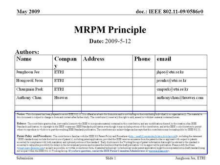 Doc.: IEEE 802.11-09/0586r0 Submission May 2009 Junghoon Jee, ETRISlide 1 MRPM Principle Notice: This document has been prepared to assist IEEE 802.11.
