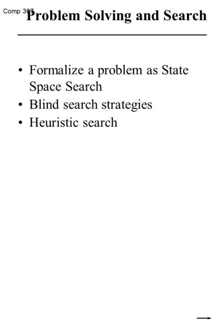 Comp 307 Problem Solving and Search Formalize a problem as State Space Search Blind search strategies Heuristic search.