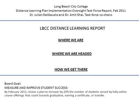 Long Beach City College Distance Learning Plan Implementation Oversight Task Force Report, Feb 2011 Dr. Julian DelGaudio and Dr. Amit Shai, Task force.