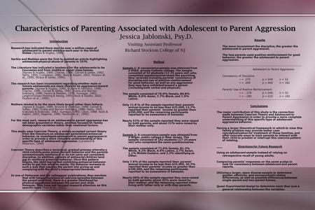 Characteristics of Parenting Associated with Adolescent to Parent Aggression Jessica Jablonski, Psy.D. Visiting Assistant Professor Richard Stockton College.