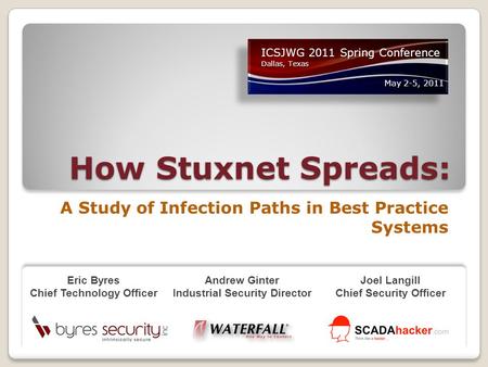 How Stuxnet Spreads: A Study of Infection Paths in Best Practice Systems Joel Langill Chief Security Officer Eric Byres Chief Technology Officer Andrew.