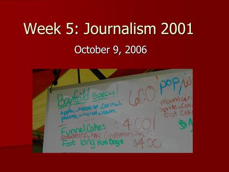 Week 5: Journalism 2001 October 9, 2006. Find the misspellings…… 1. Bayfeild 2. Strawberrys 3. Both!