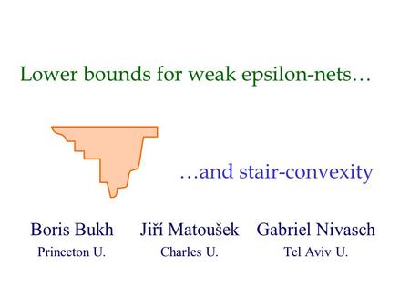 Lower bounds for weak epsilon-nets… …and stair-convexity Boris Bukh Princeton U. Jiří Matoušek Charles U. Gabriel Nivasch Tel Aviv U.