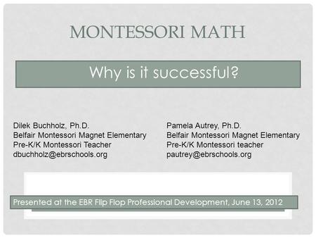 Montessori Math Why is it successful? Dilek Buchholz, Ph.D.