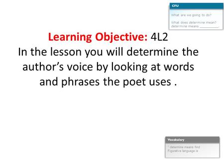 Learning Objective: 4L2 In the lesson you will determine the author’s voice by looking at words and phrases the poet uses. What are we going to do? What.