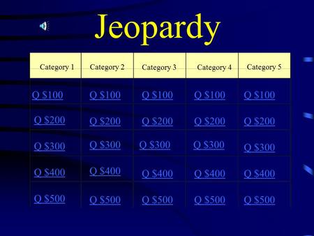 Jeopardy Category 1 Q $100 Q $200 Q $300 Q $400 Q $500 Q $100 Q $200 Q $300 Q $400 Q $500 Category 2 Category 3Category 4 Category 5.