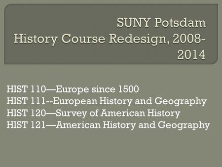 HIST 110—Europe since 1500 HIST 111--European History and Geography HIST 120—Survey of American History HIST 121—American History and Geography.