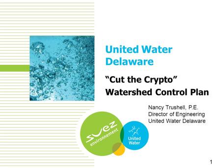 1 United Water Delaware “Cut the Crypto” Watershed Control Plan 1 Nancy Trushell, P.E. Director of Engineering United Water Delaware.