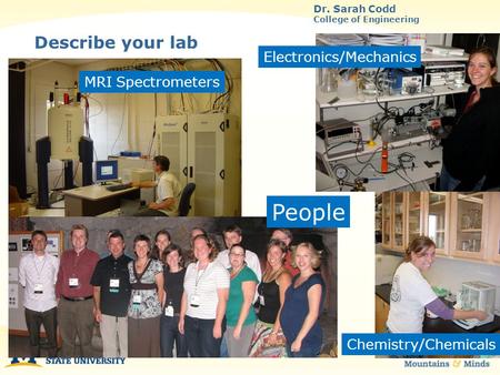 Describe your lab Dr. Sarah Codd College of Engineering MRI Spectrometers People Chemistry/Chemicals Electronics/Mechanics.