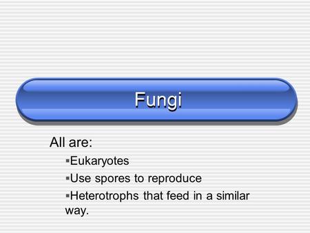 Fungi All are:  Eukaryotes  Use spores to reproduce  Heterotrophs that feed in a similar way.