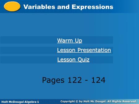 Pages Variables and Expressions Warm Up Lesson Presentation