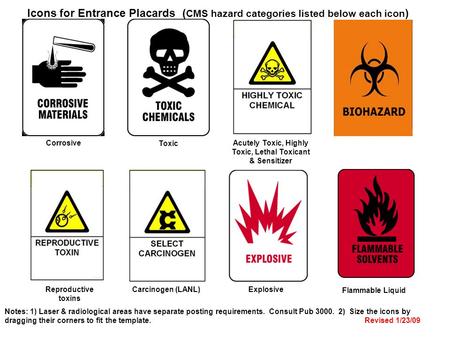 Corrosive Toxic Acutely Toxic, Highly Toxic, Lethal Toxicant & Sensitizer Reproductive toxins Carcinogen (LANL)Explosive Icons for Entrance Placards (