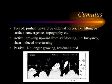 Cumulus Forced; pushed upward by external forces, i.e. lifting by surface convergence, topography etc. Active; growing upward from self-forcing, i.e. buoyancy,