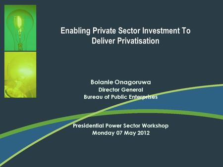 Enabling Private Sector Investment To Deliver Privatisation Bolanle Onagoruwa Director General Bureau of Public Enterprises Presidential Power Sector Workshop.