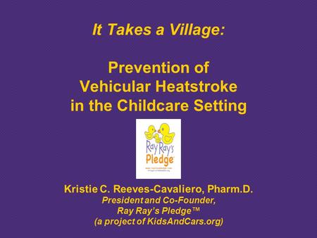 It Takes a Village: Prevention of Vehicular Heatstroke in the Childcare Setting Kristie C. Reeves-Cavaliero, Pharm.D. President and Co-Founder, Ray Ray’s.